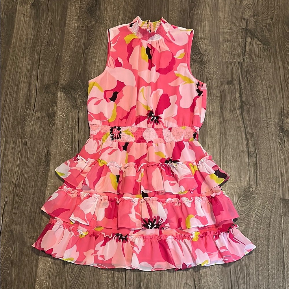 1.State Smock Neck Floral Sleeveless Fit and Flare Ruffle Dress